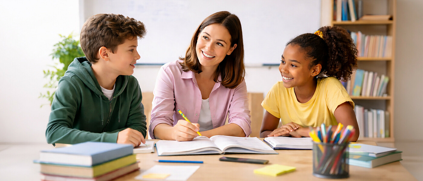 Eine Lehrkraft bei der Nachhilfe mit einer Schülerin und einem Schüler