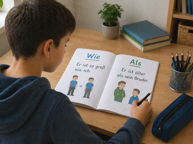 Ein Schüler schreibt den wie-als-Unterschied in sein Schulheft