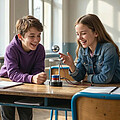 Eine Schülerin und ein Schüler bestaunen einen Versuch