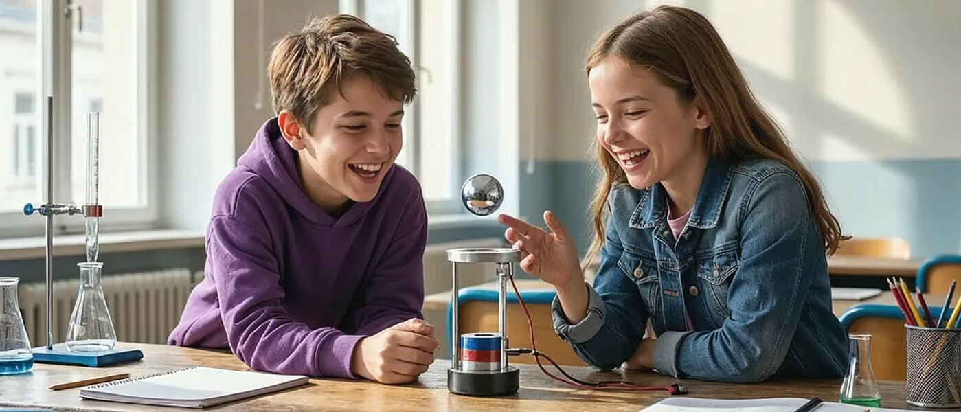 Eine Schülerin und ein Schüler bestaunen einen Versuch