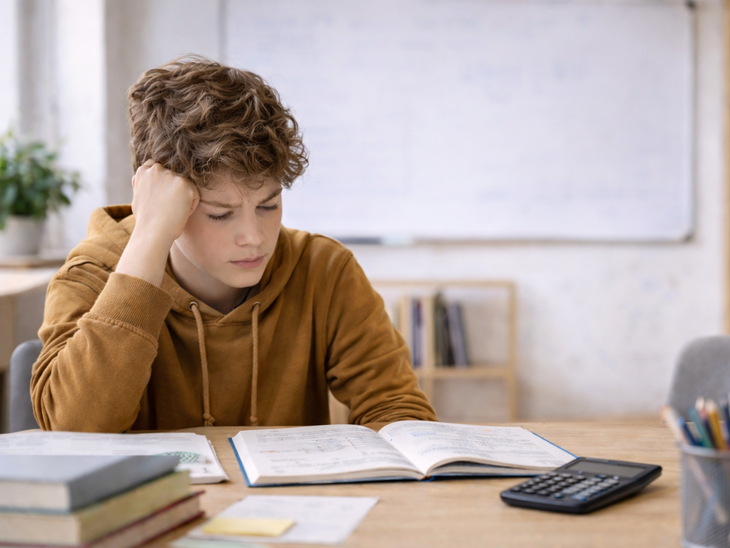 Ein Schüler beim Mathe-Lernen - er kommt nicht gut weiter, schaut unzufrieden