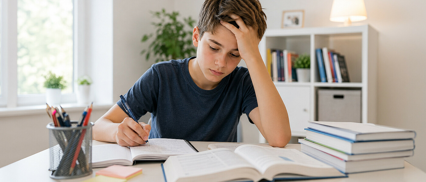 Schüler beim Lernen mit vielen Büchern und verzweifeltem Blick