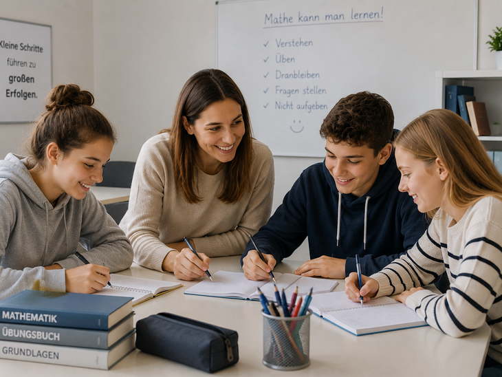 Entspannte Schülerinnen und Schüler mit Lehrkraft beim Mathe-lernen