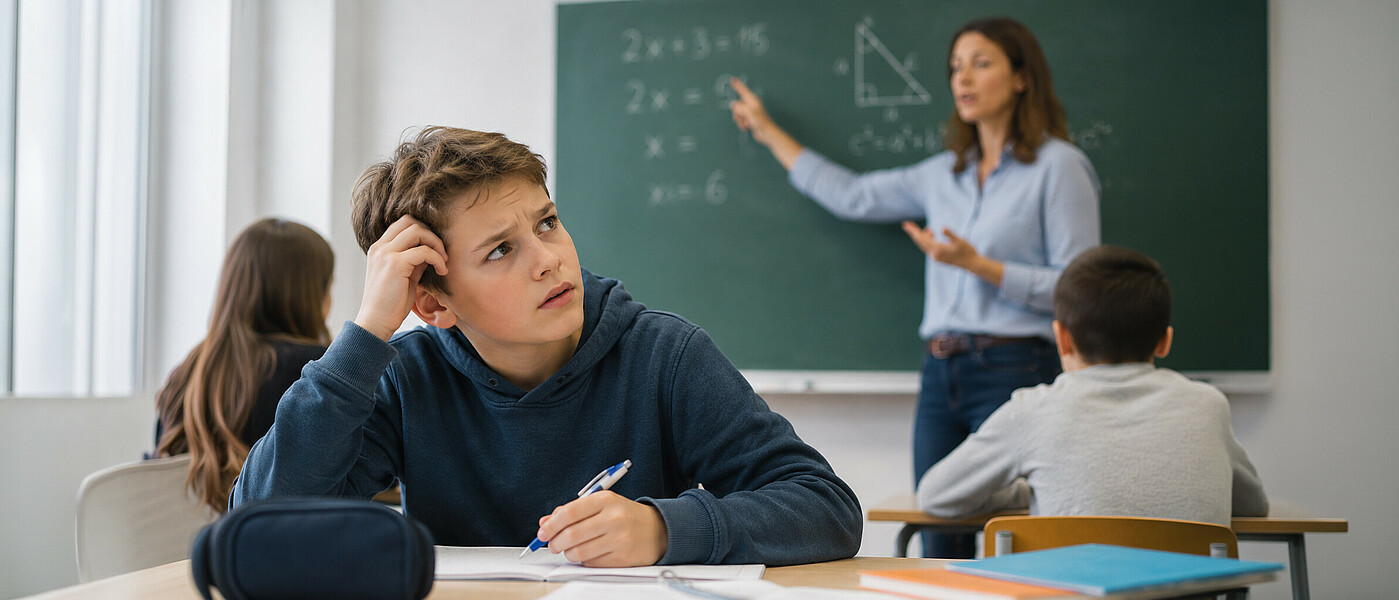 Eine Lehrerin erklärt an der Tafel, der Schüler schaut zweifelnd und kann nicht folgen