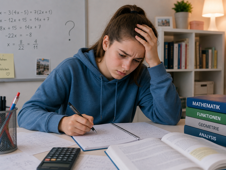 Schülerin beim Mathe-lernen mit verzwicktem Gesichtsausdruck
