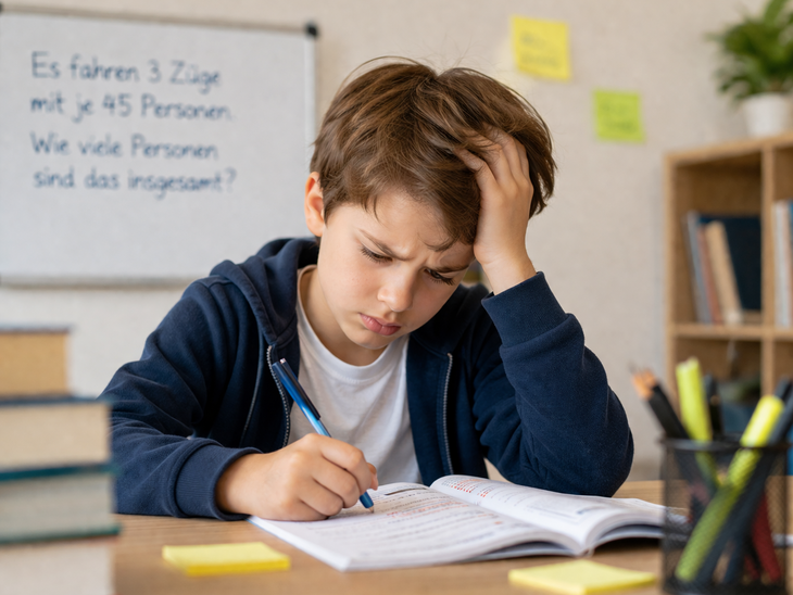 Schüler grübelt über den Textaufgaben seiner Mathe-Hausübung