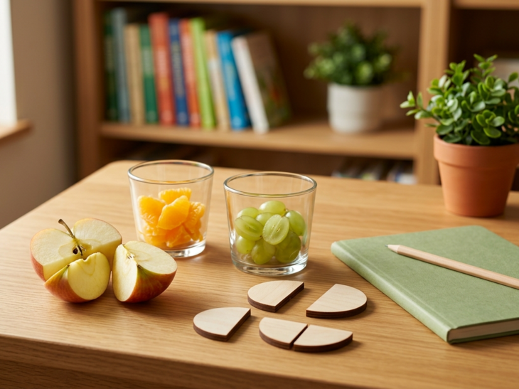 ein Schreibtisch mit gevierteltem Apfel und anderen geteilten Stücken als Symbol für Brüche