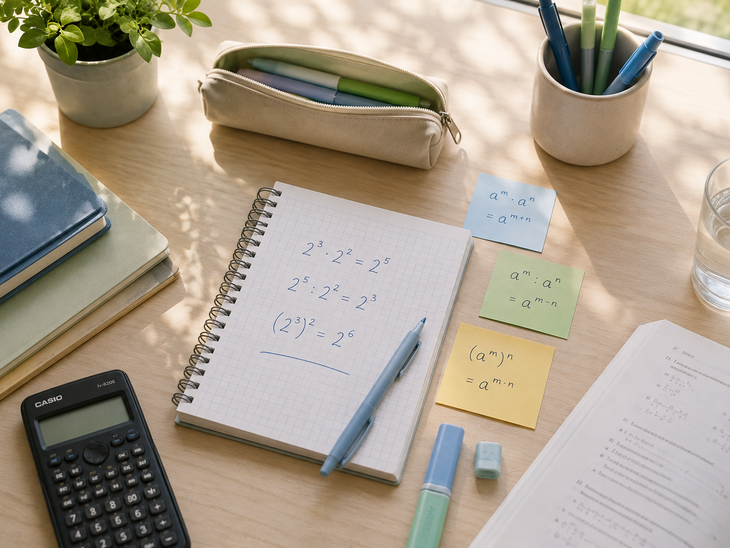 Schreibtisch mit Buch, Taschenrechner und Block mit Potenzrechnungen