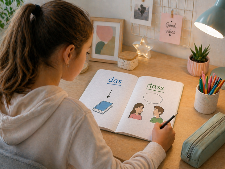 Eine Schülerin schreibt den das-dass-Unterschied in ihr Schulheft