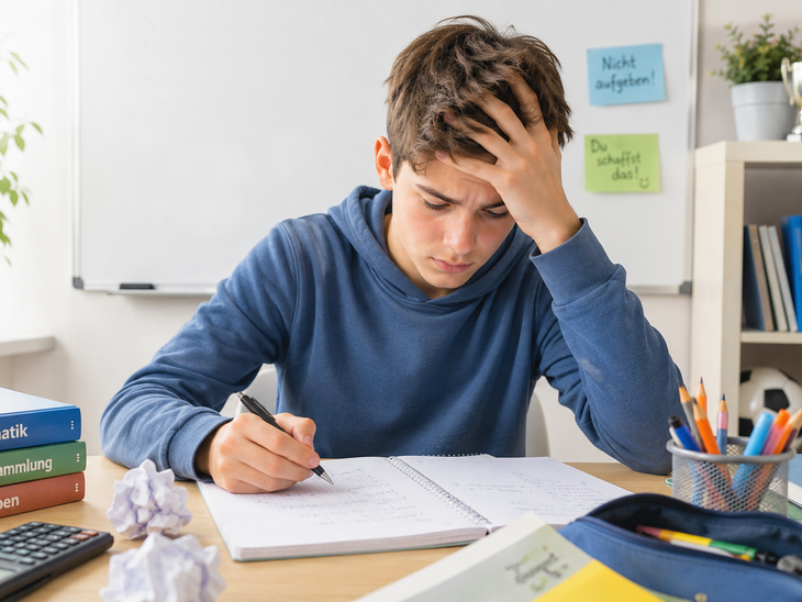Schüler mit verzweifeltem Gesicht beim Mathe lernen