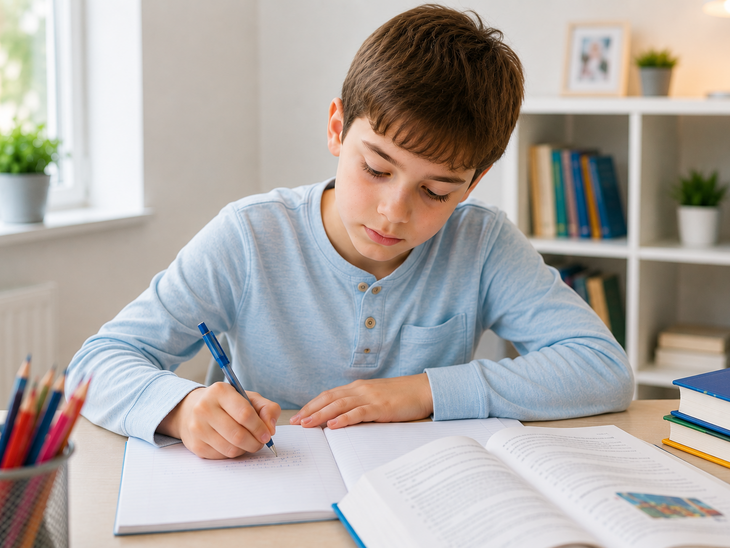 Ein junger Schüler beim Üben von wider oder wieder